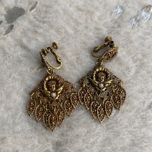 Vintage Filigree Angel Cherub Pearl Earrings